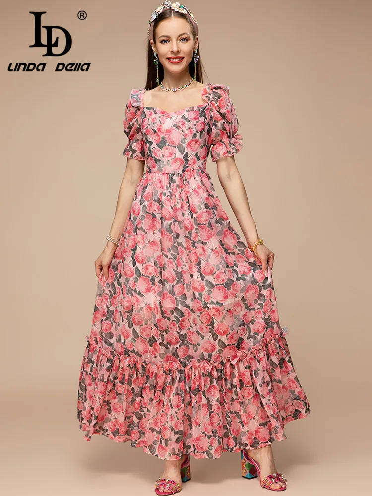 

LD LINDA DELLA New 2023 Summer Fashion Women Vintage Elegant Big Swing Dress Sexy Square Collar Slim Floral Print Dress