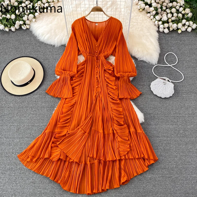 

Nomikuma Dresses for Women 2022 Lantern Sleeve Ruffles Patchwork Drawstring Chic Vestidos Elegantes Para Mujer Retro Robe Femme