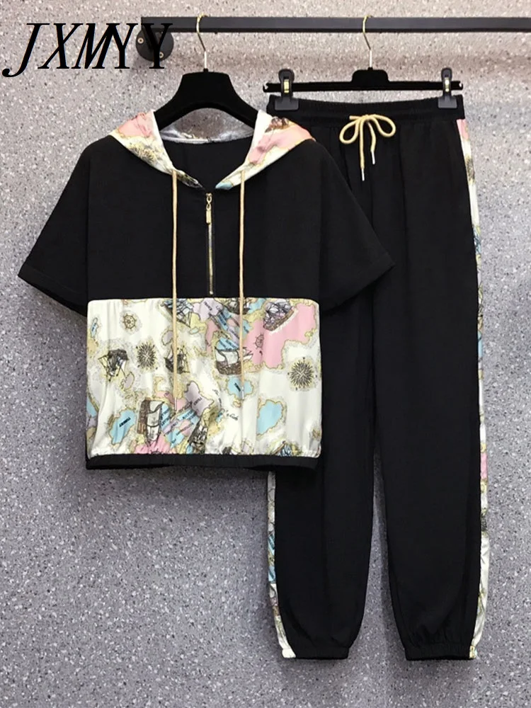 Sports and Leisure Suits Women Large Size Summer 2022 New Printed Patchwork T-shirts Top Harem Pants Two-piece Set |
