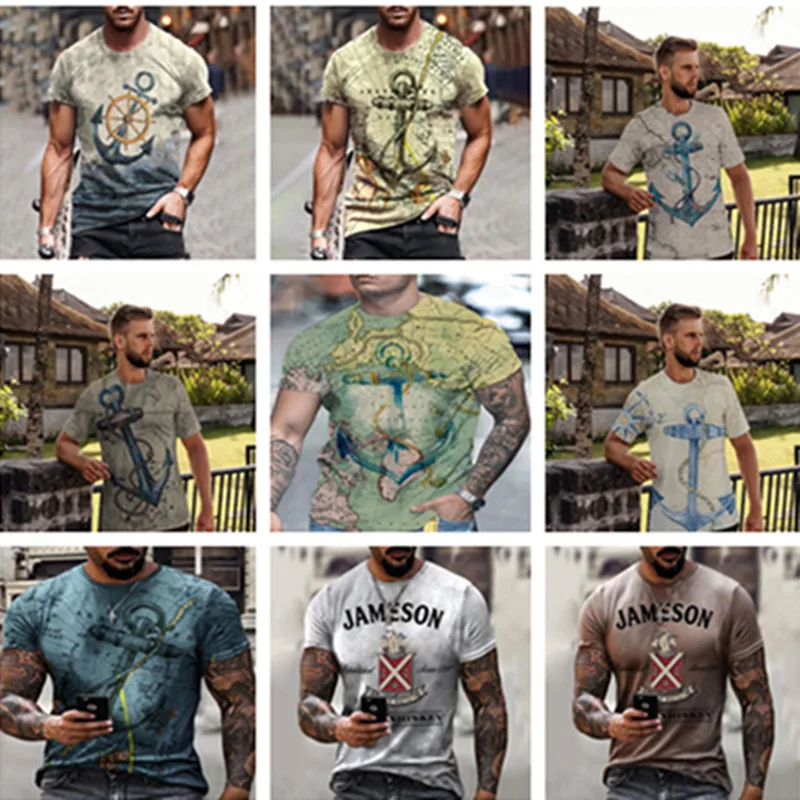 

Anchor tough guy style men's 3D T-shirt graphic optical illusion short sleeve party top street punk and gothic crew neck summer