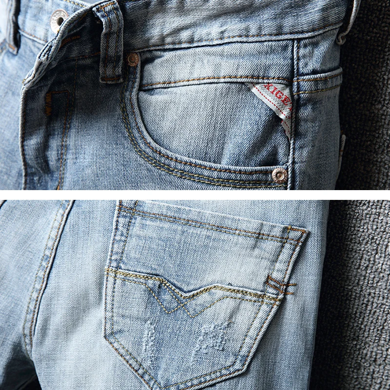 Fashion Designer Men Jeans Retro Light Blue Elastic Stretch Slim Fit Ripped Jeans Men Patched Vintage Casual Denim Pants Hombre