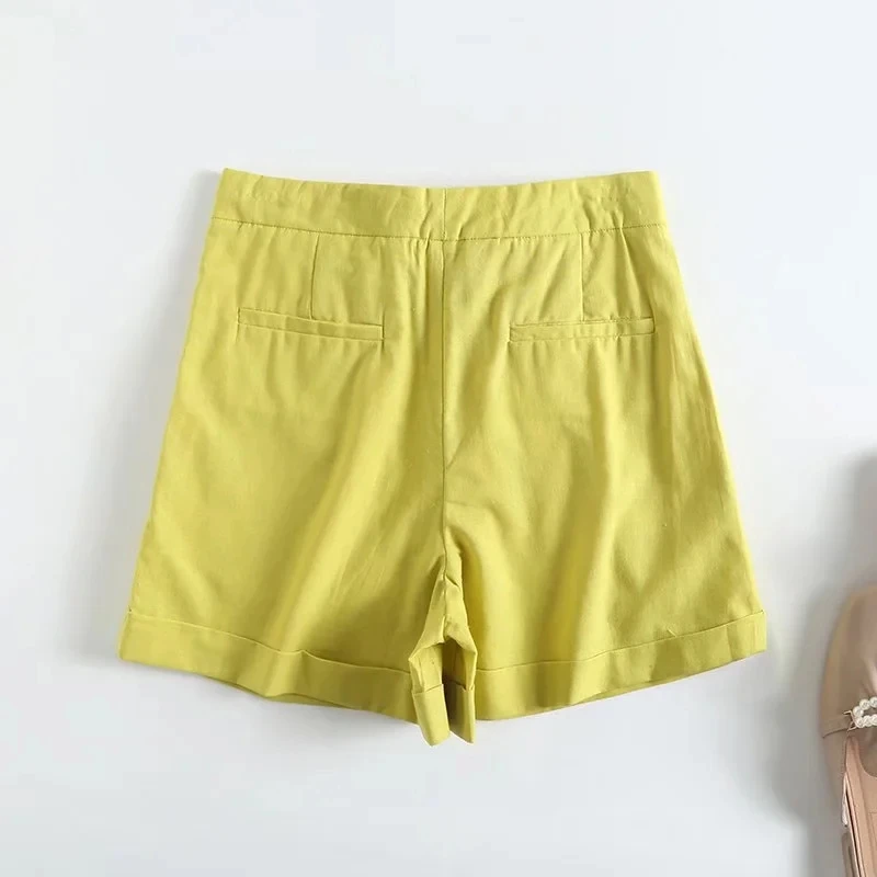 Dave&Di Pleated Medium Wasit Loose Bermuda Linen Cotton Shorts Women England Style Fashion Shorts Casual Shorts Sashes