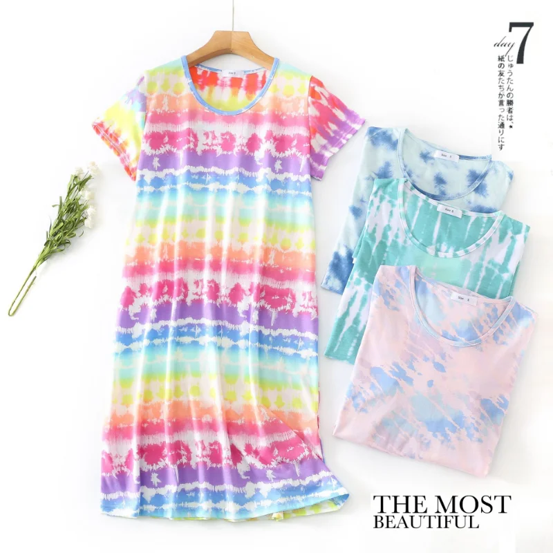 

2023 summer nightdress women's large size cute tie-dye home service knitted cotton plus fat short-sleeved round neck pajamas