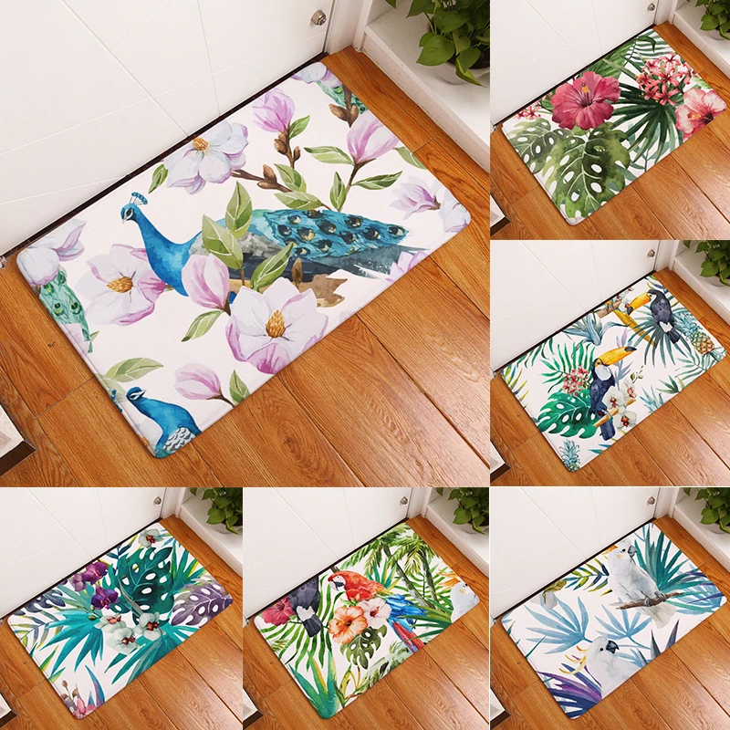 

Customizable Rug Living Room Bedroom Home Decoration Tropical Green Leaf Flamingo Small Rug Watercolor Painting Small Rug Pad