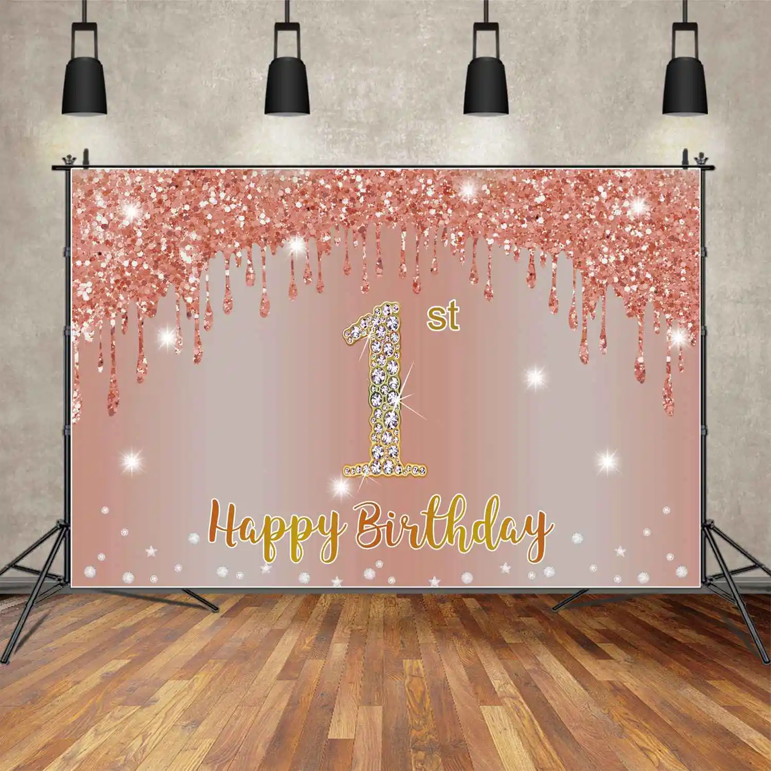 

MOON.QG Photography Backdrop 1st Baby Pink Gold Happy Birthday Background Banner Props Custom Party Decorations Photo Booth