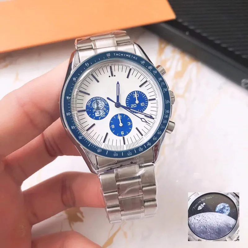 

OMG Speedmaster Silver Award 50th Anniversary Watch 42mm Case Blue Nylon Fabric Strap Moon Men's Wrist Watch Relogio Masculino