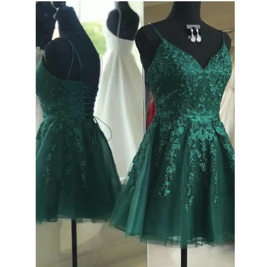 2022 Hunter Green Mini Length Homecoming Dresses Lace Criss Cross Back Short Party Dress 2023 Girls Graduation Prom Outfits Mini
