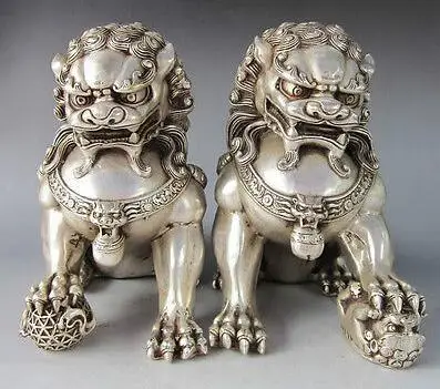 

Chinese Home Fengshui Silver Guardian Lion Foo Fu Dog Male Female Lion pair statues Decoration 100% real Tibetan Silver