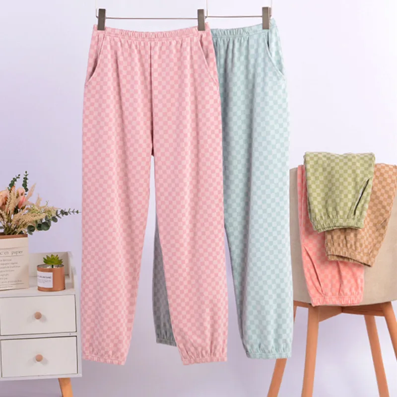 Pantalones De Mujer Women's Spring Autumn Thin Velvet Pyjamas Trousers Loose Sports Home Pants Fashion Plaid Pajama Pant