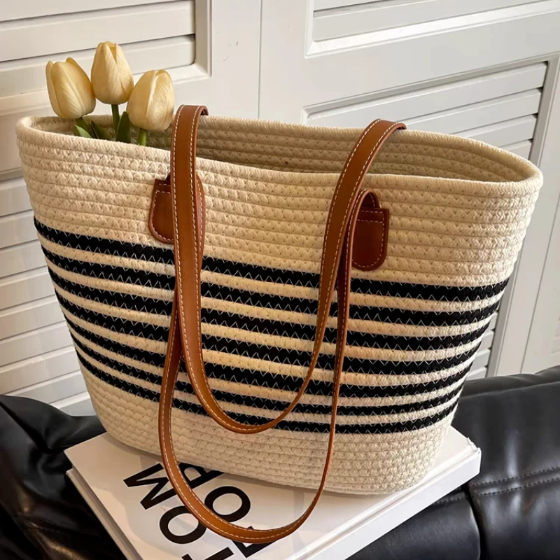 Женская Соломенная Сумка-тоут вместительный саквояж на плечо плетеная сумочка