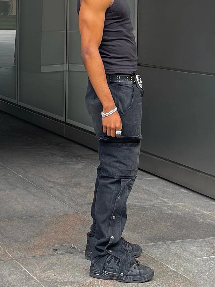 New Trendy Men's Cargo Pants Distressed Cotton Denim Trousers Pantalone Hombre Split Button Up Straight Blue Ripped Cargo Jeans