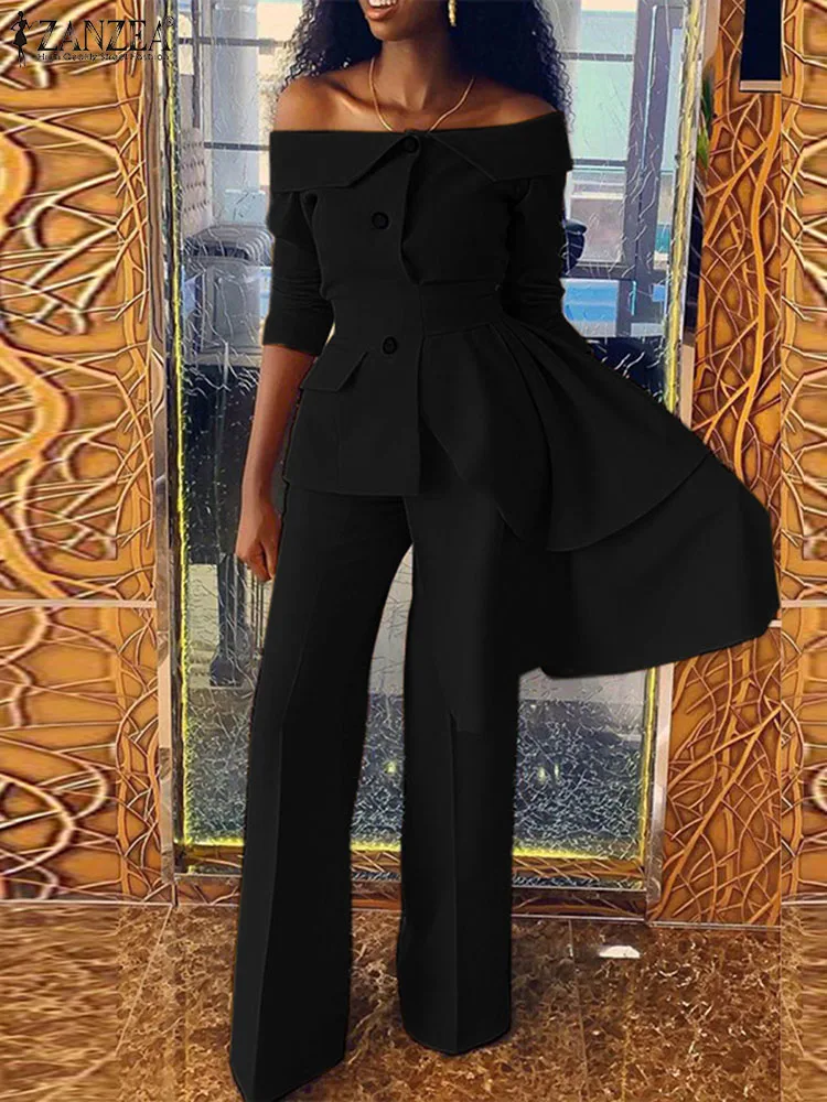 

ZANZEA Fashion Women Two Piece Pant Sets Chic Streetwear Off Shoulder Asymmetrical Hem Shirts Elegant Sets Top and Pant Outfits