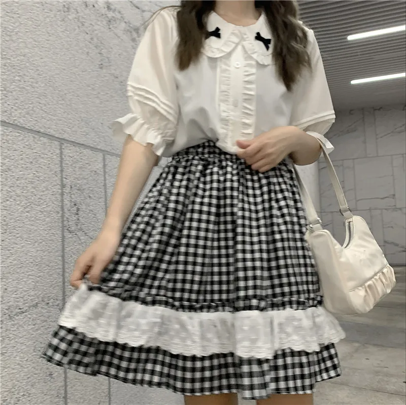 

2021 Japanese Summer Women Lolita Style Outfit White Peter Pan Collar Bow Shirt+Plaid Lace Ruffles Skirt Kawaii Preppy 2Pcs Set