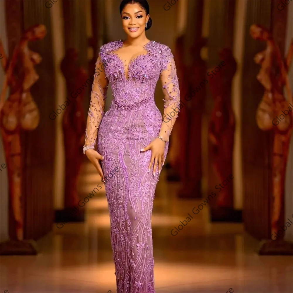 Фото Фиолетовые бусины Aso Ebi Вечерние платья Аппликации с длинными рукавами Платье на день рождения Женское платье 2024 для особых случаев по индивидуальному заказу №2