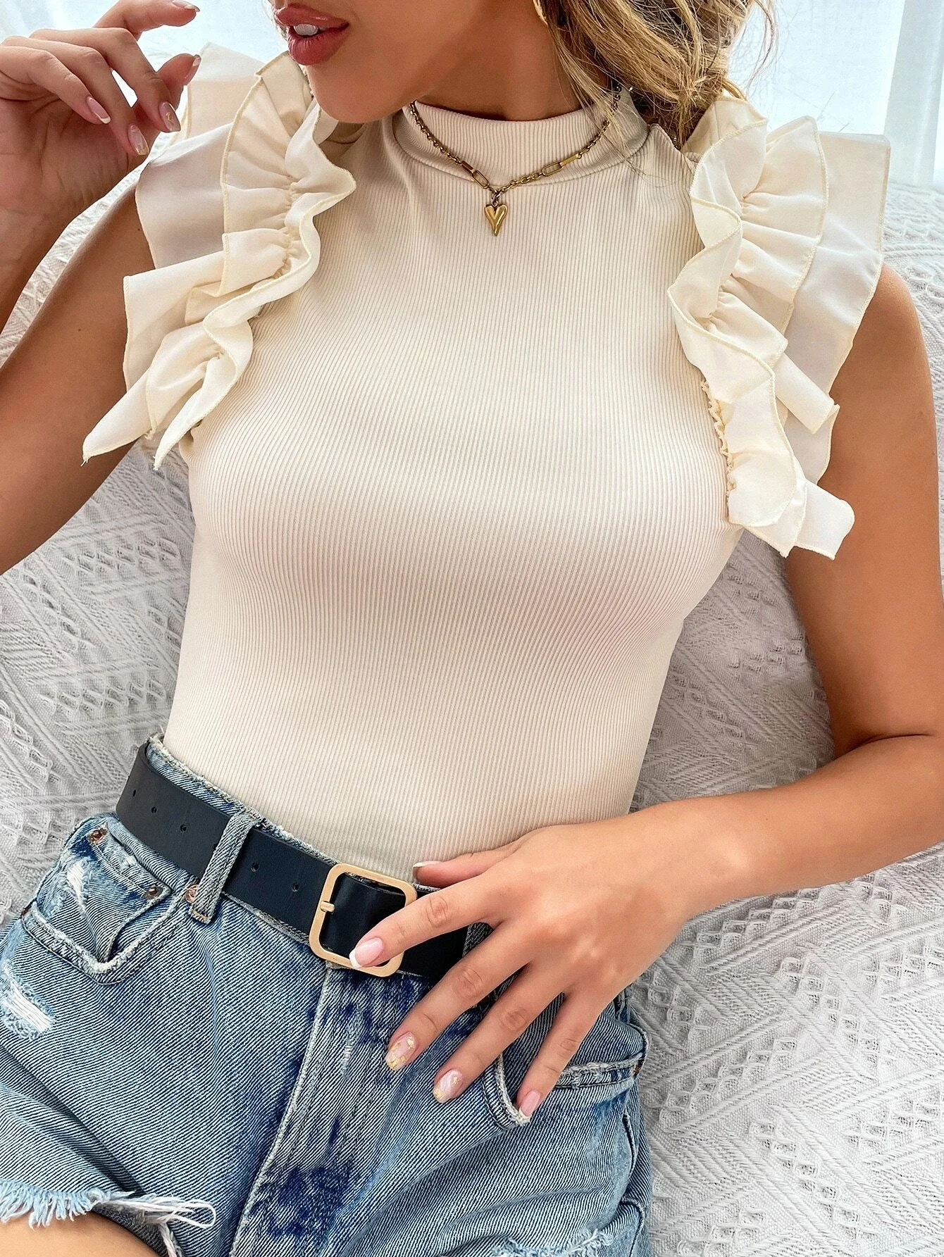 

Mock Neck Ruffle Trim Tee