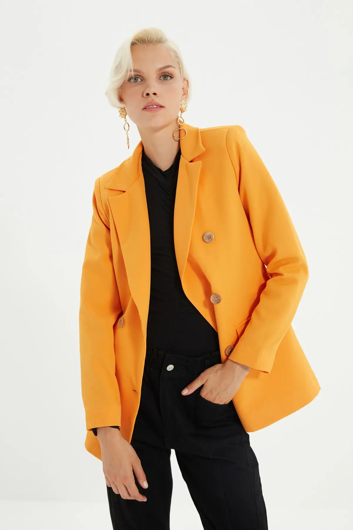 

Orange Button And Pocket Detail Women Blazer Jacket Woven Fabric Casual Bestseller 2021 Core Vibe Butter Aerogel Vero Goose Cloak