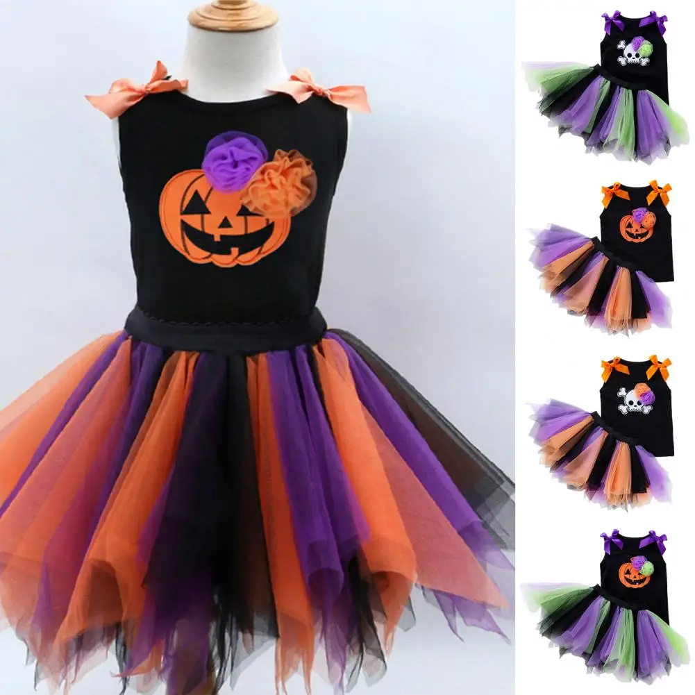 

Baby Girls Halloween Clothes Set Long Sleeve Letter Printed Romper Multicolor Yarn Skirt Headdress Halloween Costume
