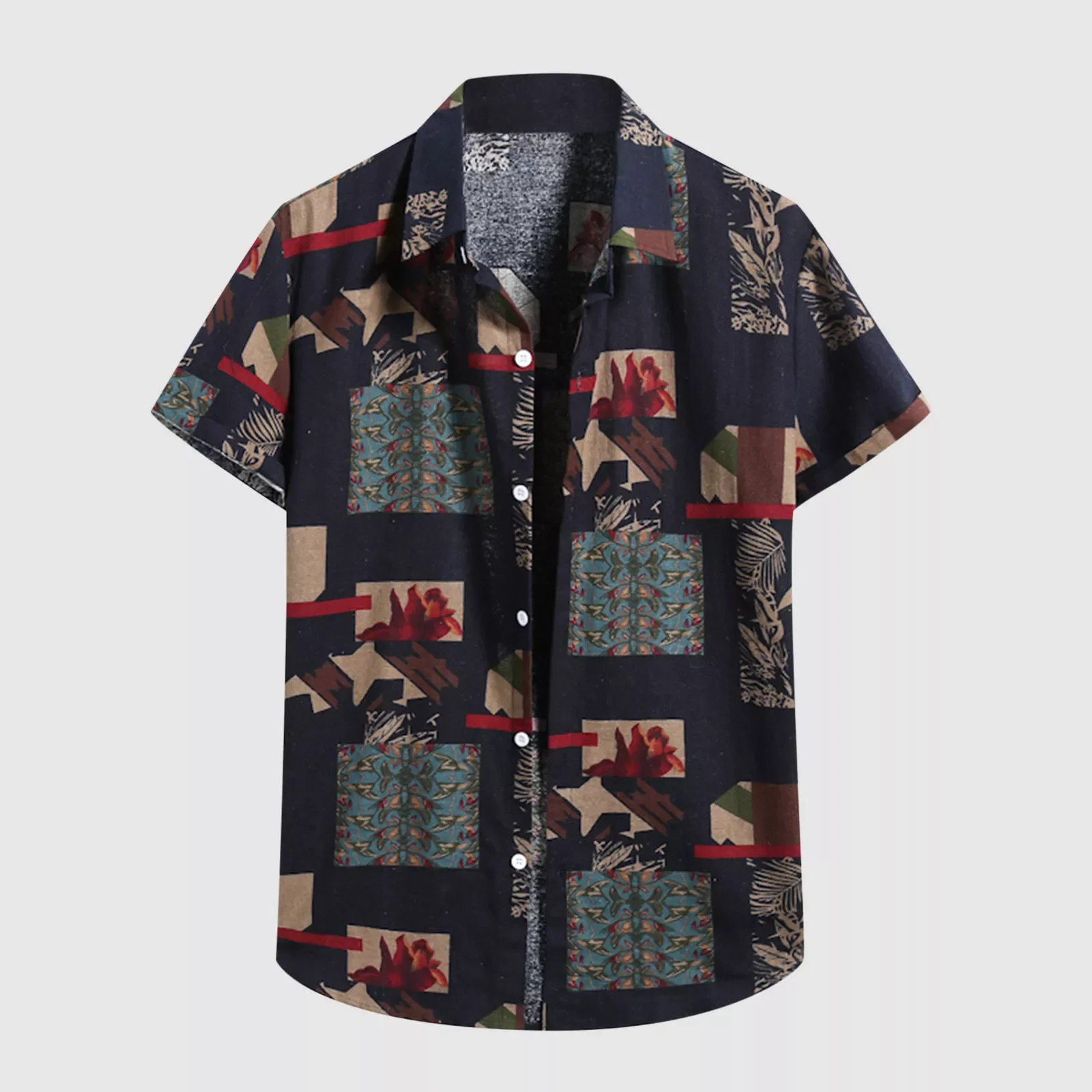 

NEW IN Hawaiian Shirt Sleeve Splice Shirt Short Print Collar Men's Casual Turn-Down Men Shirts Beach Cardigan slim fit OL Wo