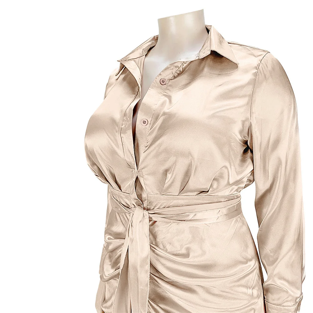 Plus Size Women's Dresses Women Solid Long Sleeve Bandage Draped Pleaped Sleeve Button Dress Office Lady Whol 3xl 4xl 5xl 6xl