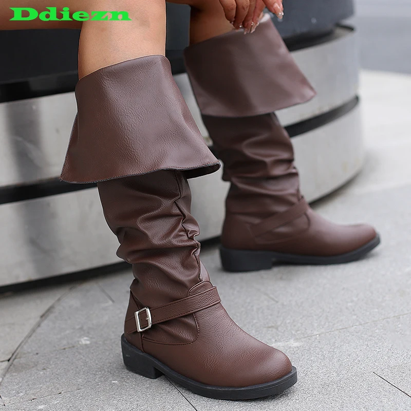 

Женские ковбойские сапоги до колена, Осенняя обувь, женская современная модная плиссированная обувь без шнуровки, с круглым носком и длинными сапогами