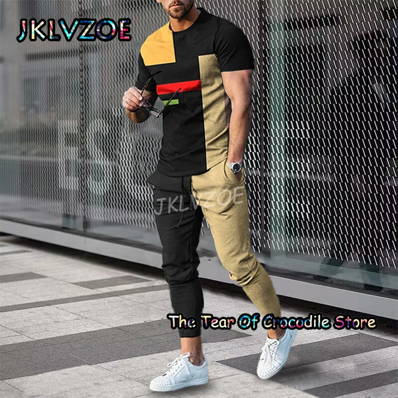 2023 Men's T Shirt+Pants Trousers Tracksuit 2 Piece Set 3D Printing Summer Dark stripe Trend Outfit Short Sleeve Street Clothing