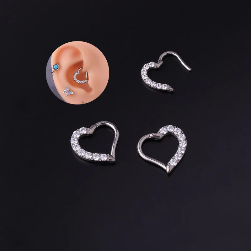

G23 Titanium Piercing Daith Earrings Hoop Heart-Shaped Hinge Clicker Ear Tragus Cartilage Helix Conch Piercing Body Jewelry 16G