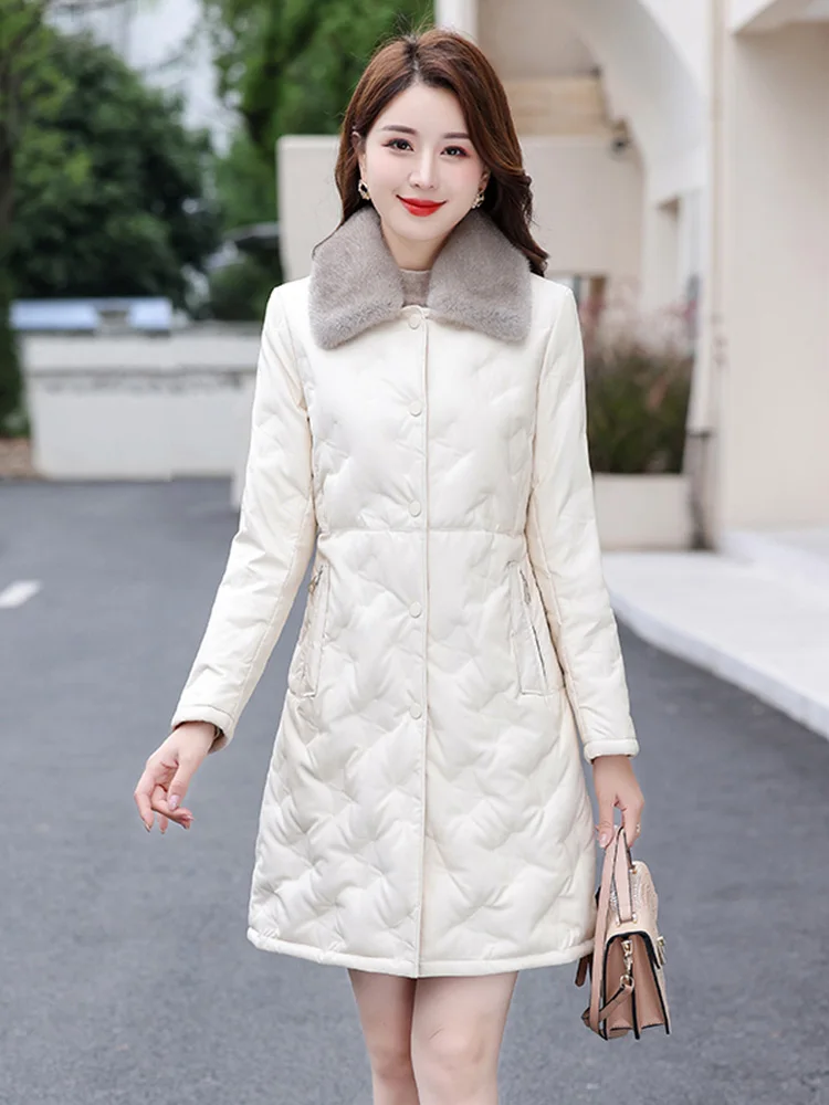 New Women Leather Down Coat Autumn Winter Casual Fashion Real Mink Fur Collar Medium Long Thick Warm Sheepskin Down Outerwear