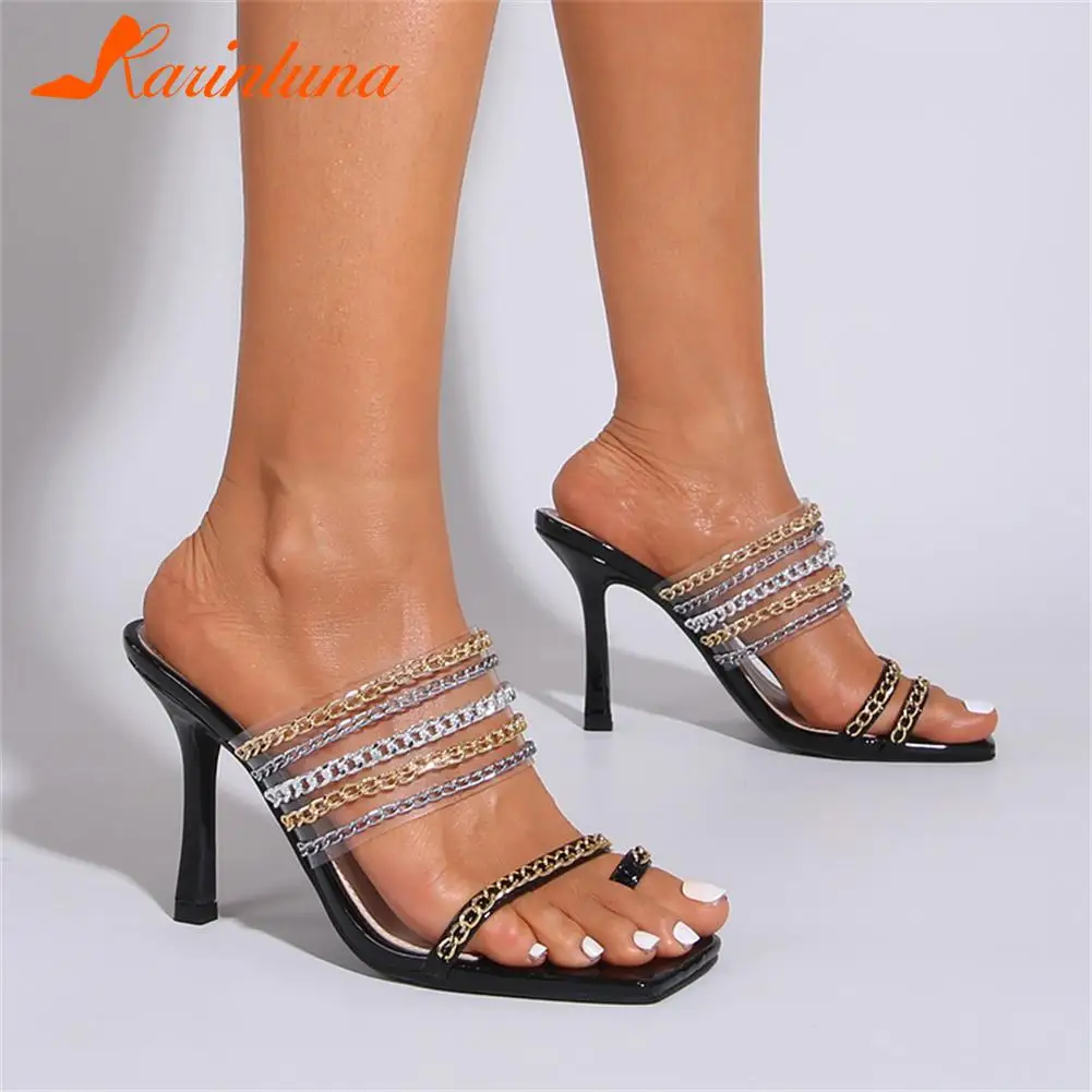 

Karinluna Popular Novelty Sexy Women Slippers Shallow Metal Chain slip-on Female Slippers Thin High Heels Sexy Club Lady Shoes