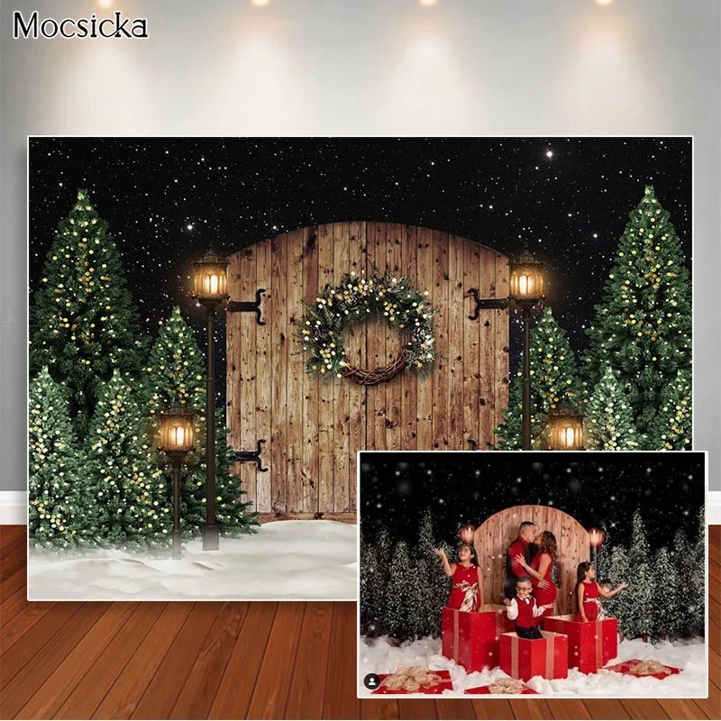 

Winter Christmas Backdrop Retro Brown Wooden Door Snowflake Decoration Starry Sky Photoshoot Photo Props Studio Booth Background
