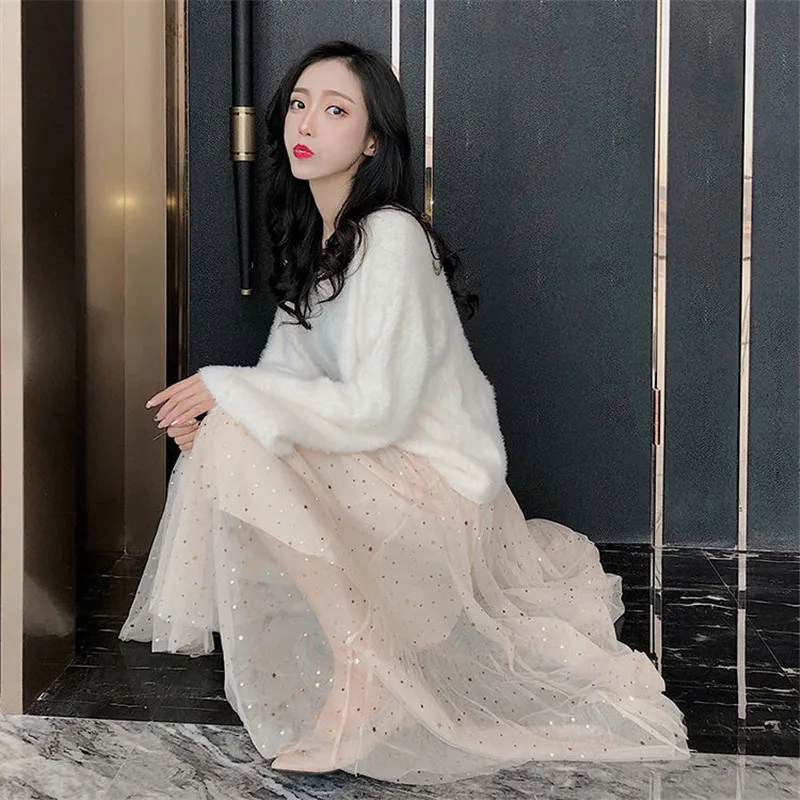 Женская Тюлевая юбка с блестками и высокой талией розовая бежевая