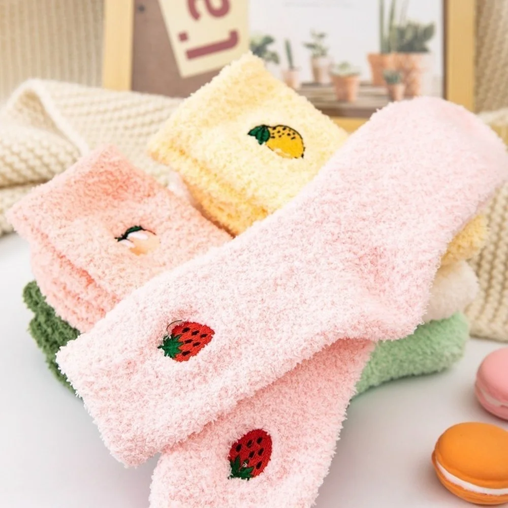 6 Pairs Pure Color Japanese Fruit Embroidery Coral Fleece Women Socks Fashion Candy Color Thickening Warm Sleeping Socks