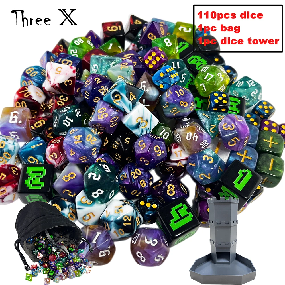 110Pcs Polyhedral Mix-color Dice Set DNDGame Role Playing Game with Storage Bag for RPG  Math Teaching