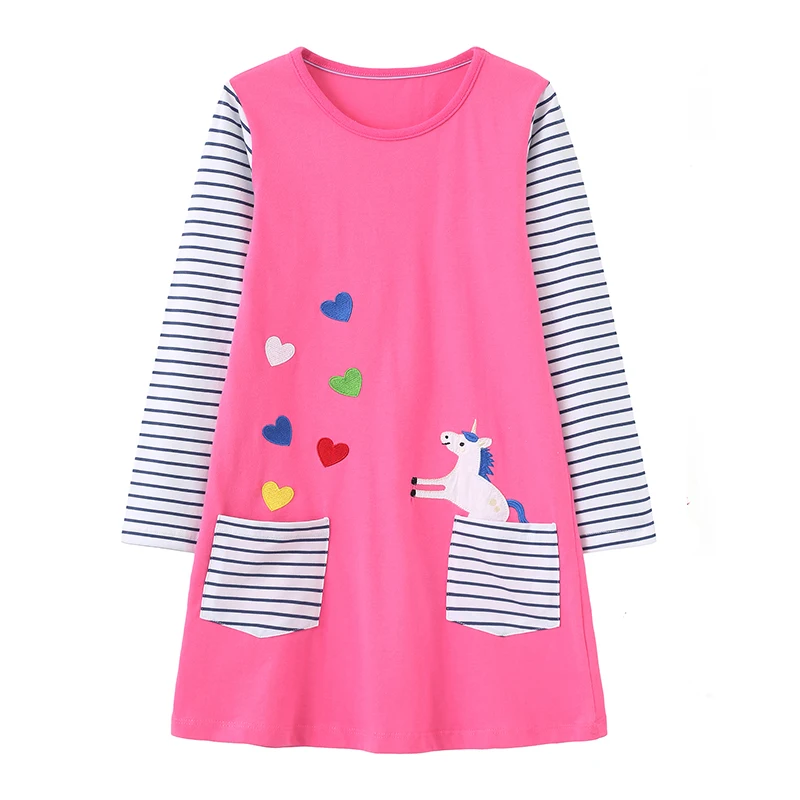 

Jumping Meters 4-8T Unicorn Embroidery Children's Princess Girls Dresses Pockets Animals Long Sleeve Autumn Kids Birthday Dress