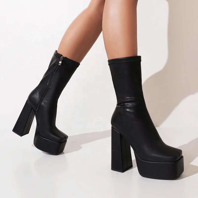 Solid Black White PU Upper Ankle Boots Autumn Winter High Heel Shoes Booty Thick Platform Square Toe Women Big Size 43