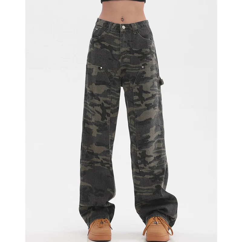 

Women Bottoms Army Green High Waist Camouflage Overalls Hip Hop Baggy Straight Pants High Street Fashion Wide Leg Trouser Autumn