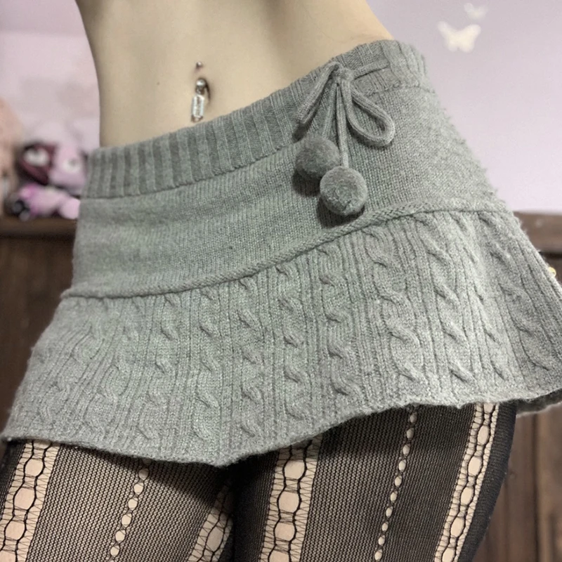 

Вязаные мини-юбки Y2k, милые юбки-карандаш на завязках с мехом, короткие женские юбки с завязками и низкой талией, Осенние шикарные