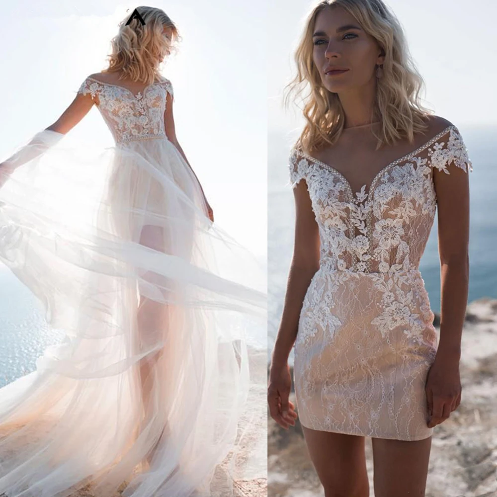 

Simple Wedding Dresses V-Neck Short Cap Sleeves Tulle Dress Lace Beading Appliques Detachable Train Floor Length Bridal Gowns