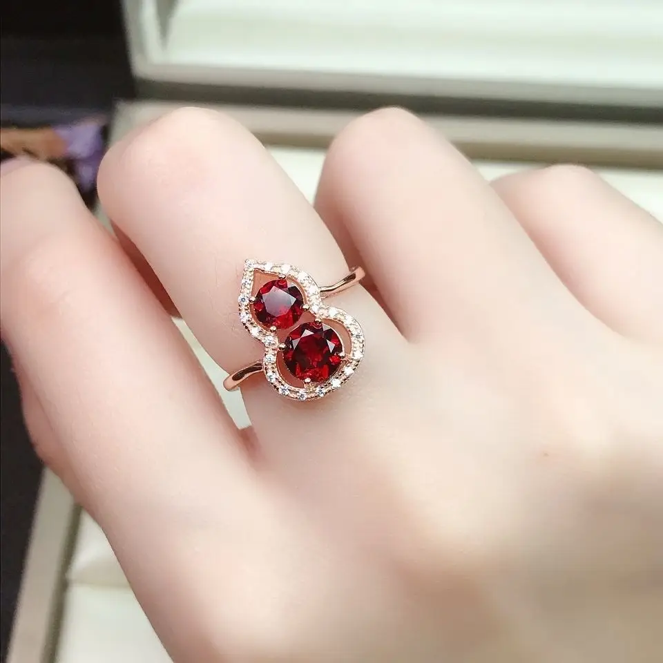 

925 Pure Plated 18k Gold Fulu Ring Natural Mozambique Garnet Female Ring Woman Stone Japanese Exquisite Gift