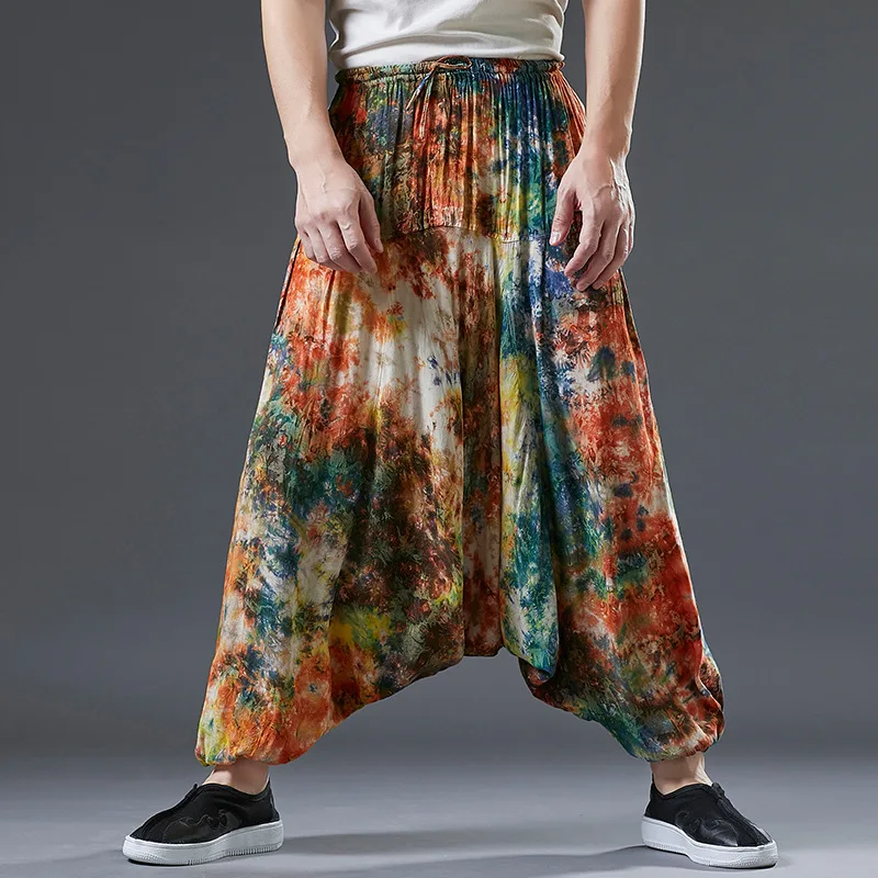 

Big Crotch Pants High Waist Hip Hop Street Tie Dye Cross-pants Elastic Waist Indian Nepal Baggy Boho Fluid Loose Harem Trousers