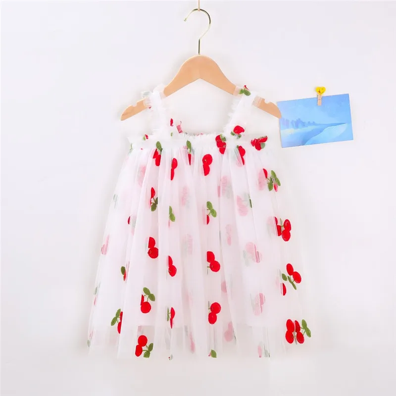 

2022 New Baby Kids Sling Dresses for Girls' Solid Color Mesh Embroidery Dress Princess Children's Ball-Gown Clothing