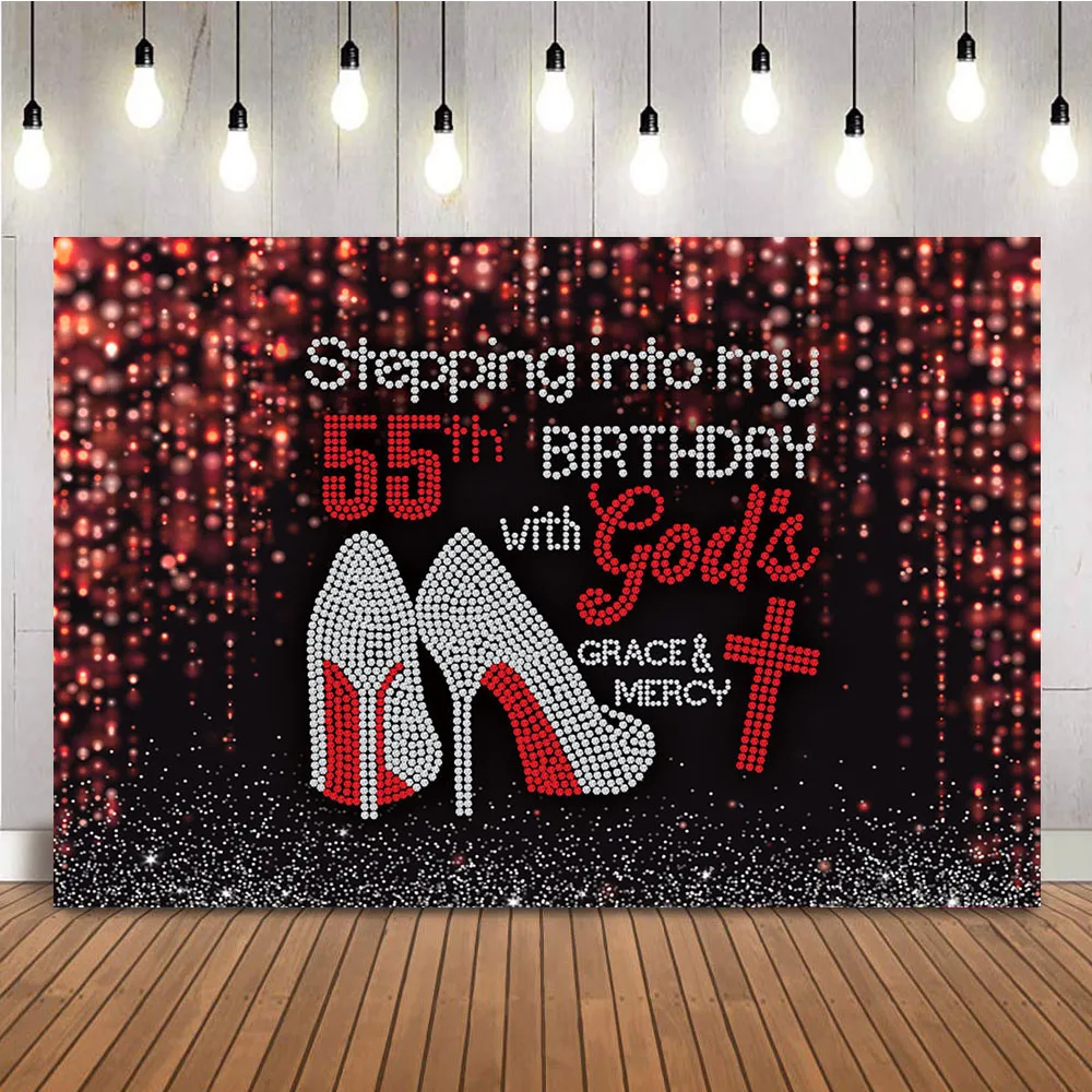 

Stepping Into my 55th Birthday with God's Backdrop Grace and Mercy Sliver Glitter Backdrop Rose gold Photocall Decoration Banner