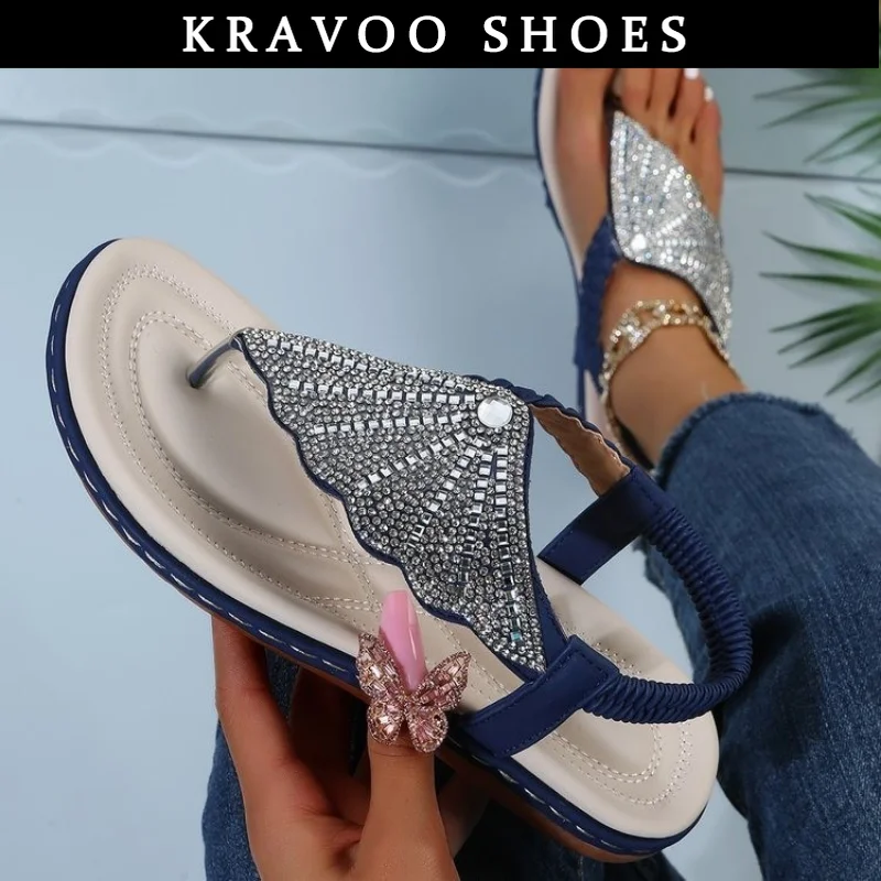 

KRAVOO Shoes for Women Rhinestone Flip Flops Platform Women Sandals Wedges Ladies Slippers Elastic Band Female Beach Slides 2023