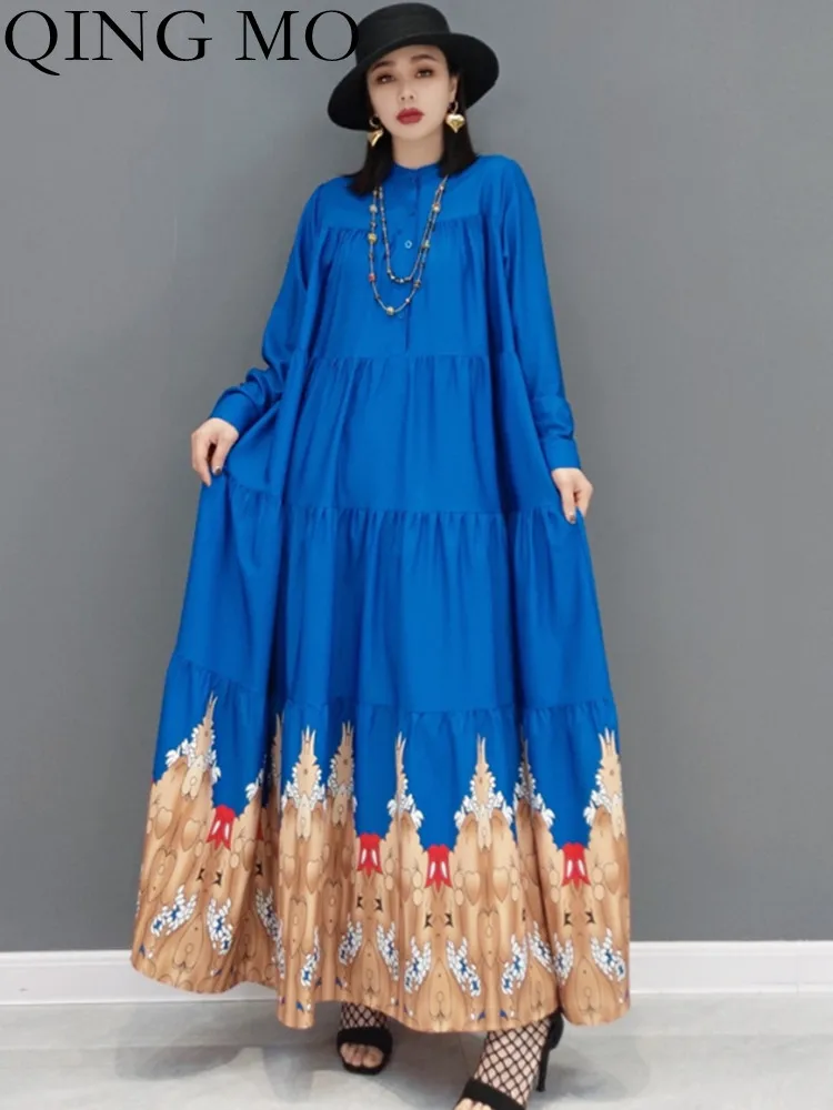 

QING MO 2023 Spring Summer New Cotton Linen Print Large Size Loose Fashion Ankle Length Dress Women ZXF1083