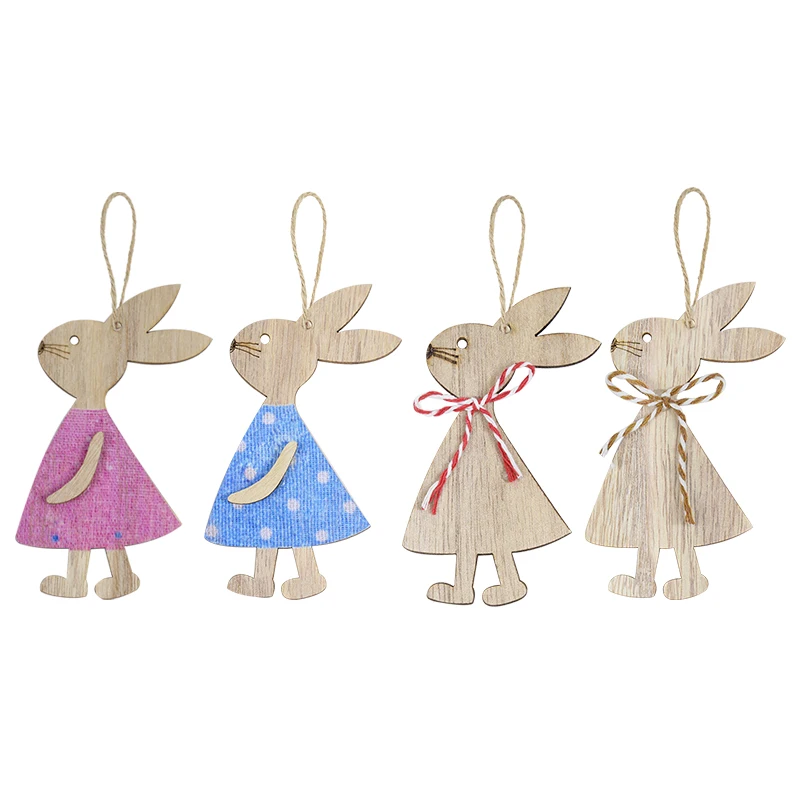 

4pcs Lovely Wooden Bunny Pendant Easter Ornaments DIY Rabbit Wood Chip Home Decor Hanging Tags Craft Festival Party Decoration