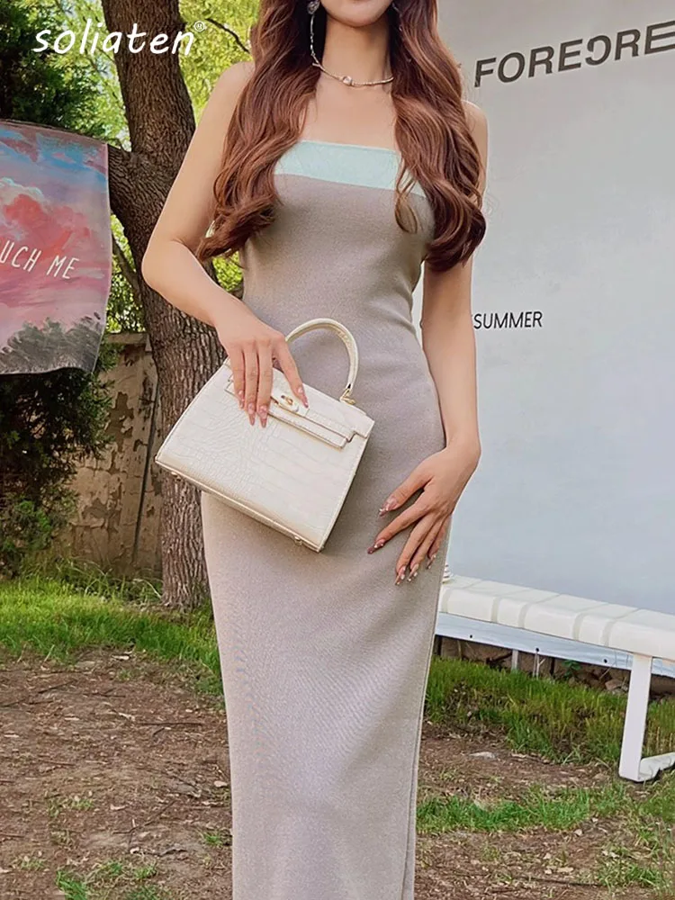 

Sexy Strap Contrast Color Split Evening Dress 2023 Y2k Summer Bodycon Elegant Outfits Ladies Birthday Party Club Sundress C-077