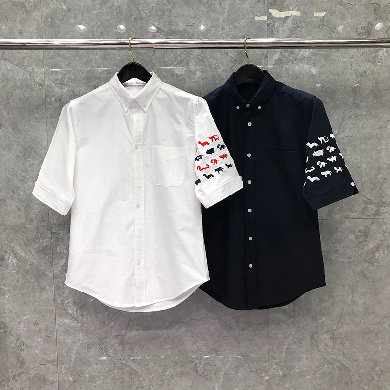 TB THOM Men's Shirt Summer Animal Embroidery Clothing Casual Oxford Slim Fit Short Sleeve Korean Breathable High Quality Tops