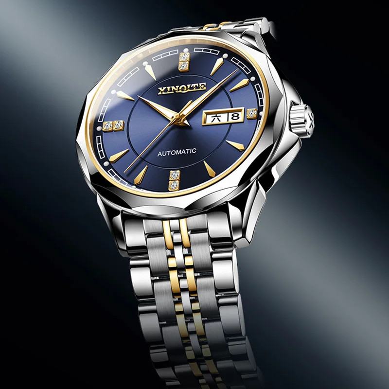 Luminous Famous Business Style Automatic Men's Mechanical Watch Dual Calendar Dress Tungsten Steel Strap Man Clock