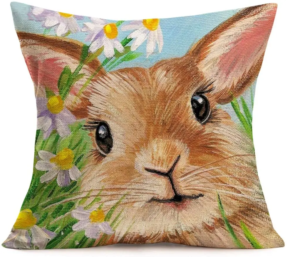 

Throw Pillow Covers Adorable Funny Rabbit Bunny Portrait in Flowers Grass Pattern for Outdoor Decor Cotton Linen Cushion Covers