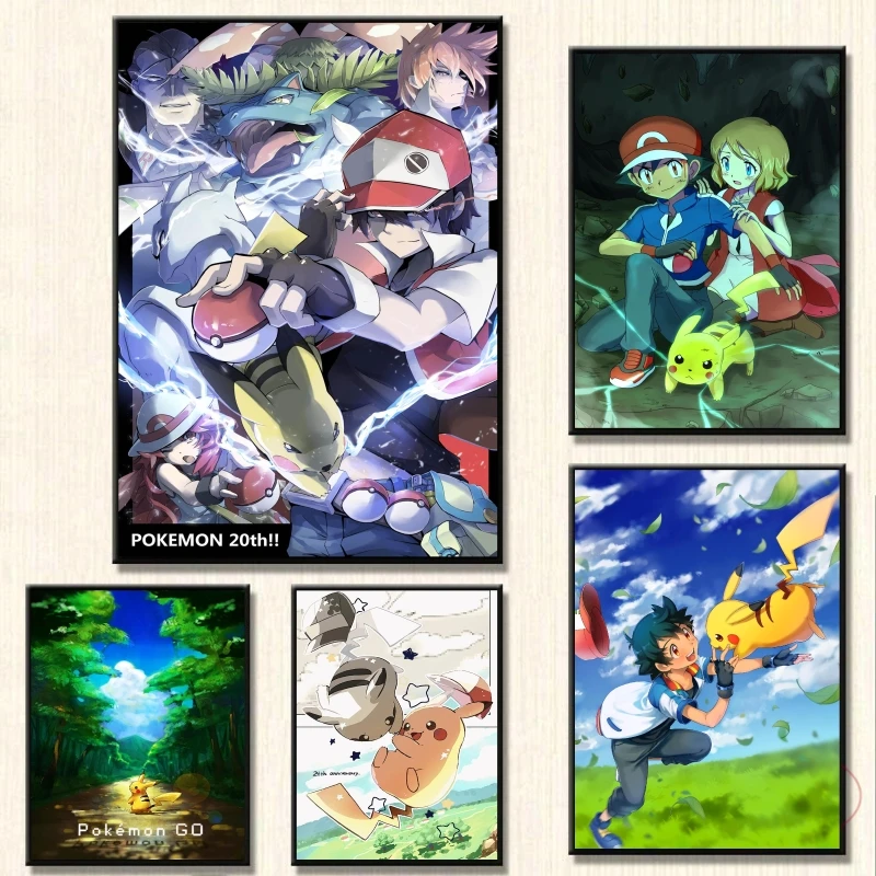 

Canvas Artwork Painting Pokemon Ash Ketchum Pikachu Friends Gifts Kid Action Figures Cartoon Character Picture Hanging