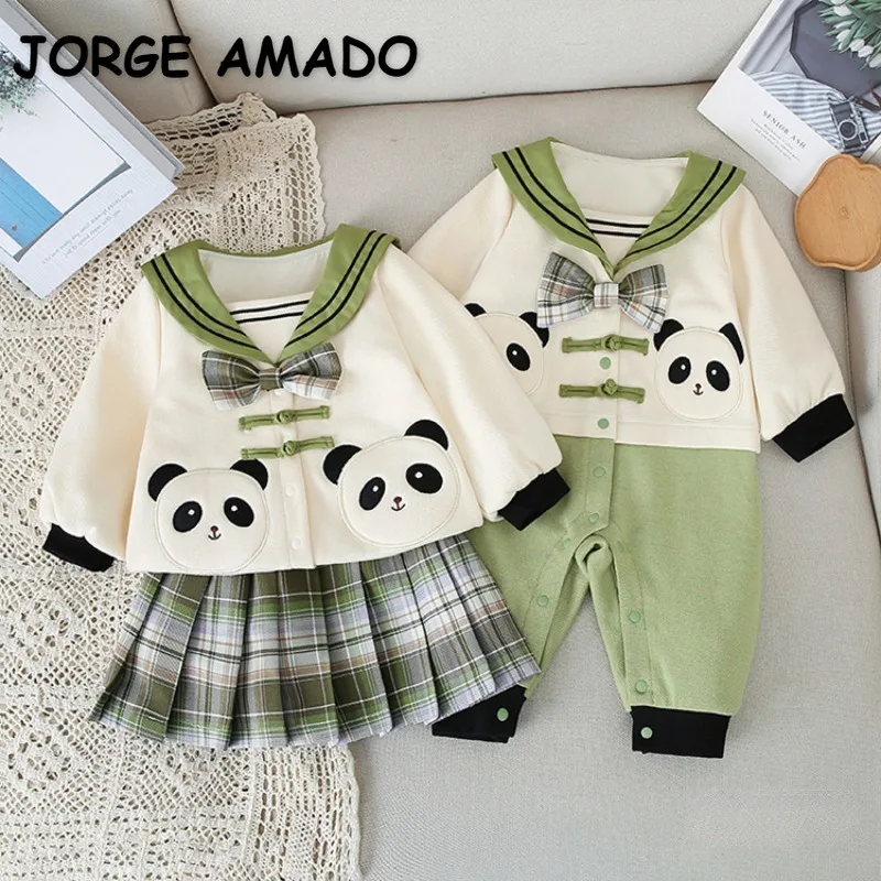 

Autumn Family Matching Outfits Cartoon Panda Long Sleeve Rompers Sailor Collar Top+Pleated Skirt Twins Sisters Clothes E30390